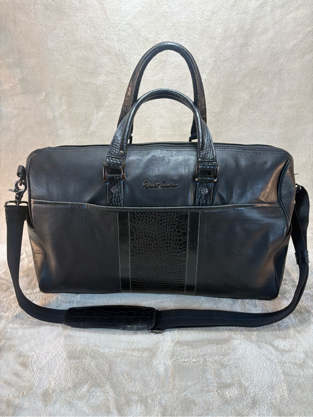 Robert Graham Black Leather Duffel with Croc-Embossed Center